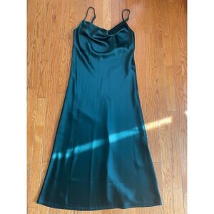 Lina Slip Dress Med Emerald Green Spaghetti Strap Cocktail Cowl Neck Midi Silky‎